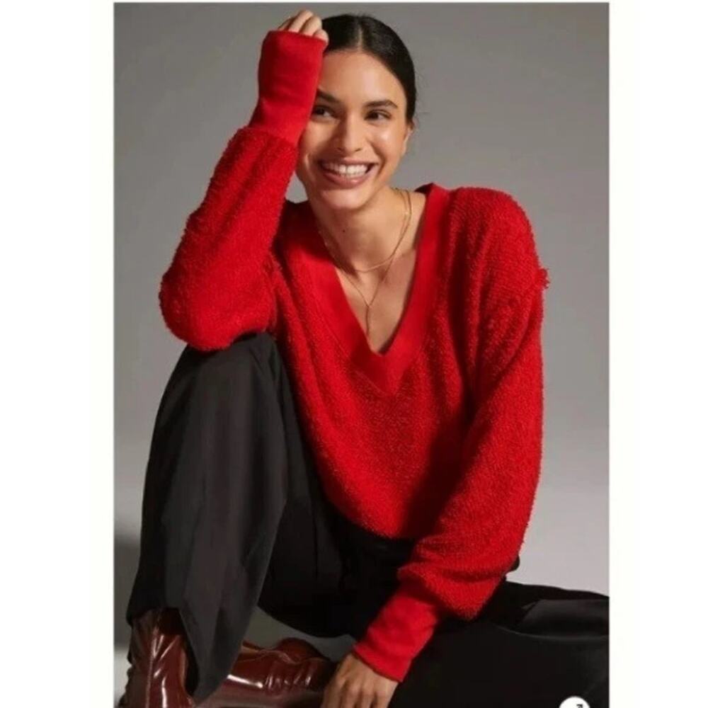 Anthropologie T.la Top Womens Extra Small Zuri V-Neck Terry Sweatshirt Pullover